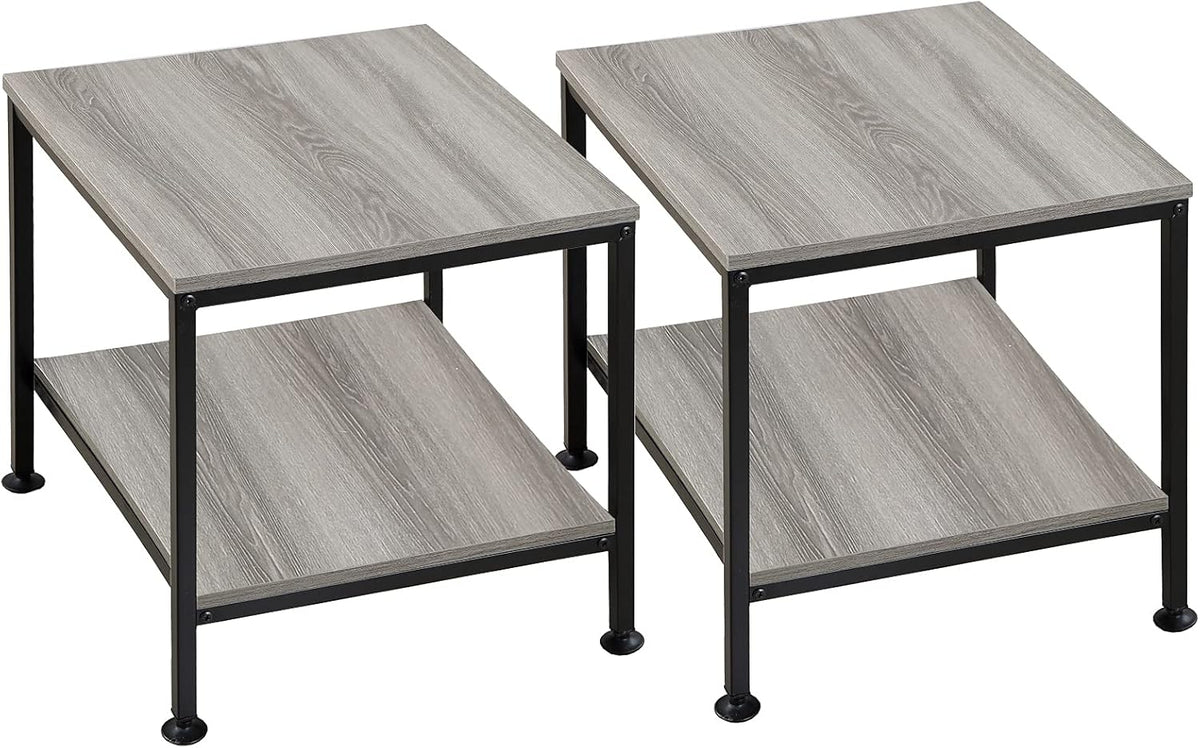 Rustic Brown 2 Tiers Square End Table with Metal Frame, Set of 2 L45551