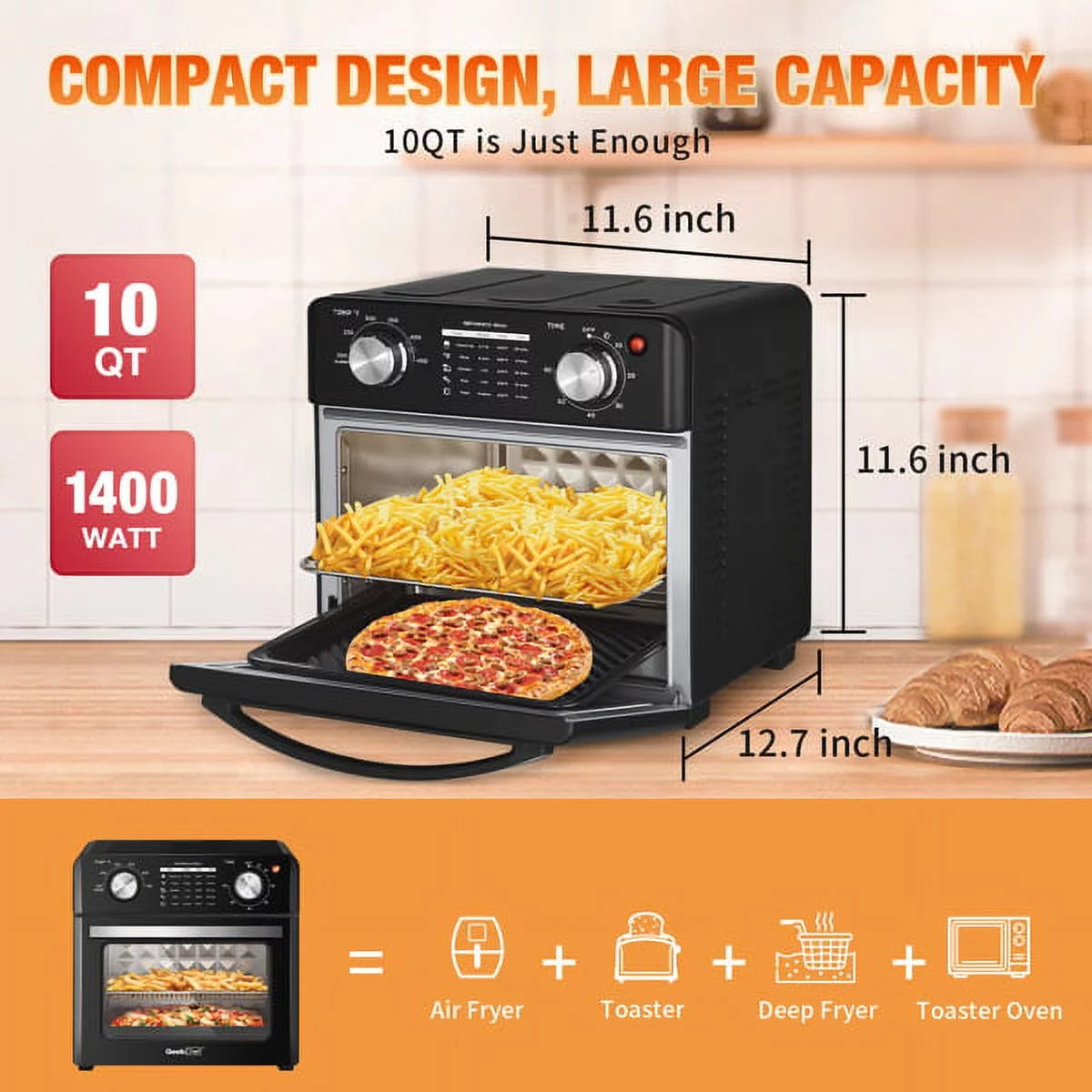 10qt Black Stainless Steel Air Fryer Toaster Oven Combo Q2674