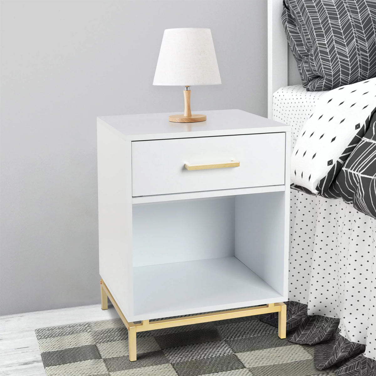 White Modern Rectangle 1-Drawer Wood Nightstand B78268