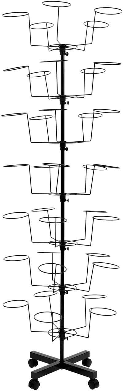 7 Tier Rotating Hat Display Stand with 4 Wheels, Adjustable Metal Hat Stand, 35 Metal Hooks, Black S23537