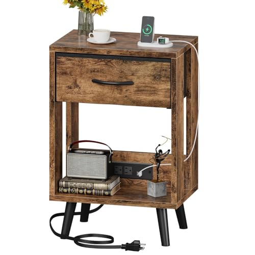 Gray Nightstands Set of 2 with Fabric Drawer and Open Wood Shelf V389