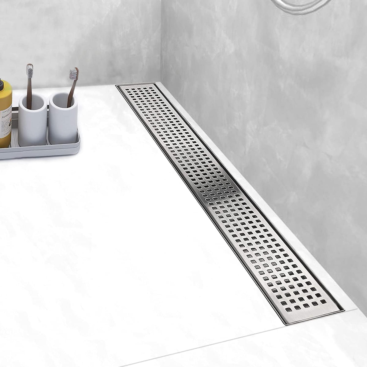 36 inch Linear Shower Drain with Brushed 304 Stainless Steel Bar Pattern Grate V5611