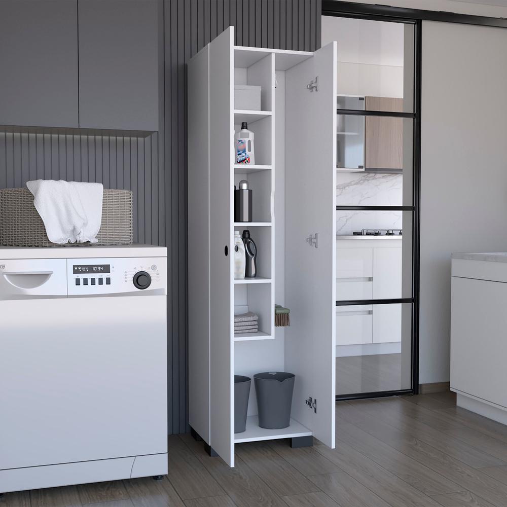 White Double-Door Broom Cabinet with Inner Shelves and Side Hangers M3099
