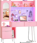 48 Inch Pink Vanity Desk with Mirror, LED Light, Charging Station, Drawers, Cabinet, Pegboard, Shelves, Storage Hutch B8214
