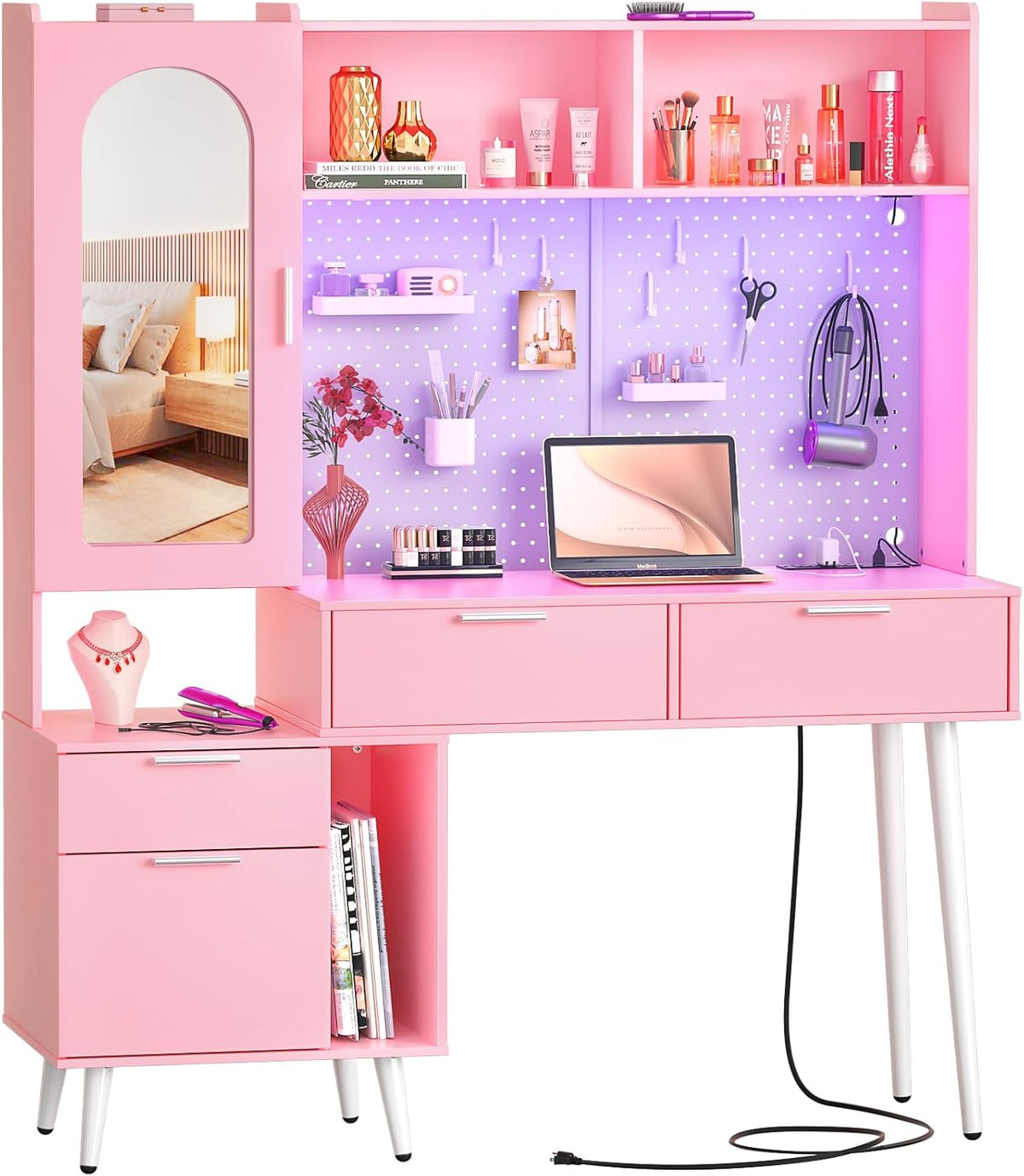 48 Inch Pink Vanity Desk with Mirror, LED Light, Charging Station, Drawers, Cabinet, Pegboard, Shelves, Storage Hutch B8214
