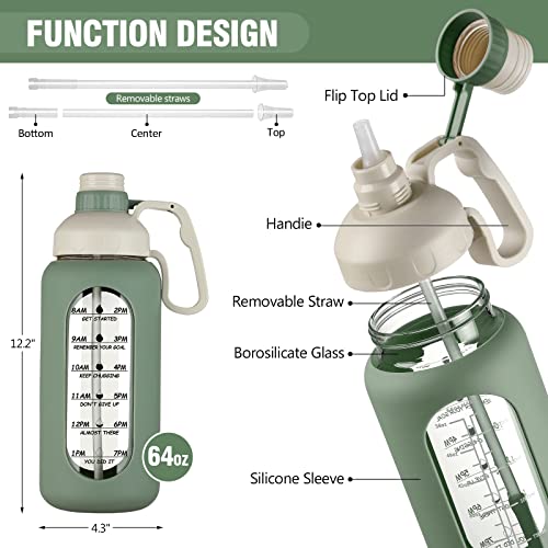 64oz Glass Water Bottle with Straw and Time Marker, Black Y553901