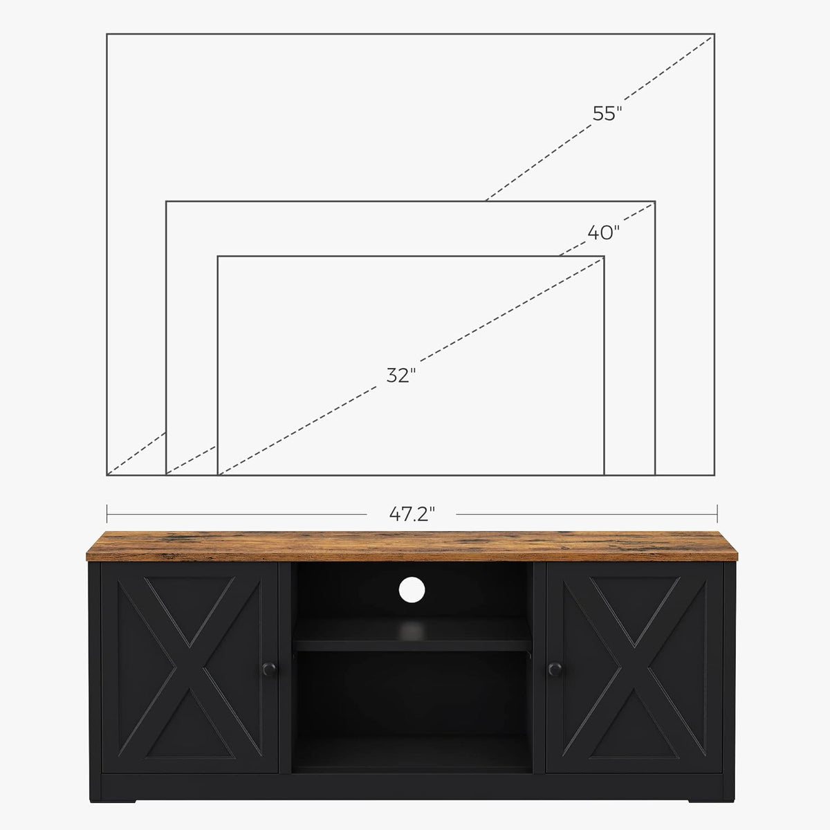 Rustic Brown and Black TV Stand with Open Shelves and 2 Cabinets I85755