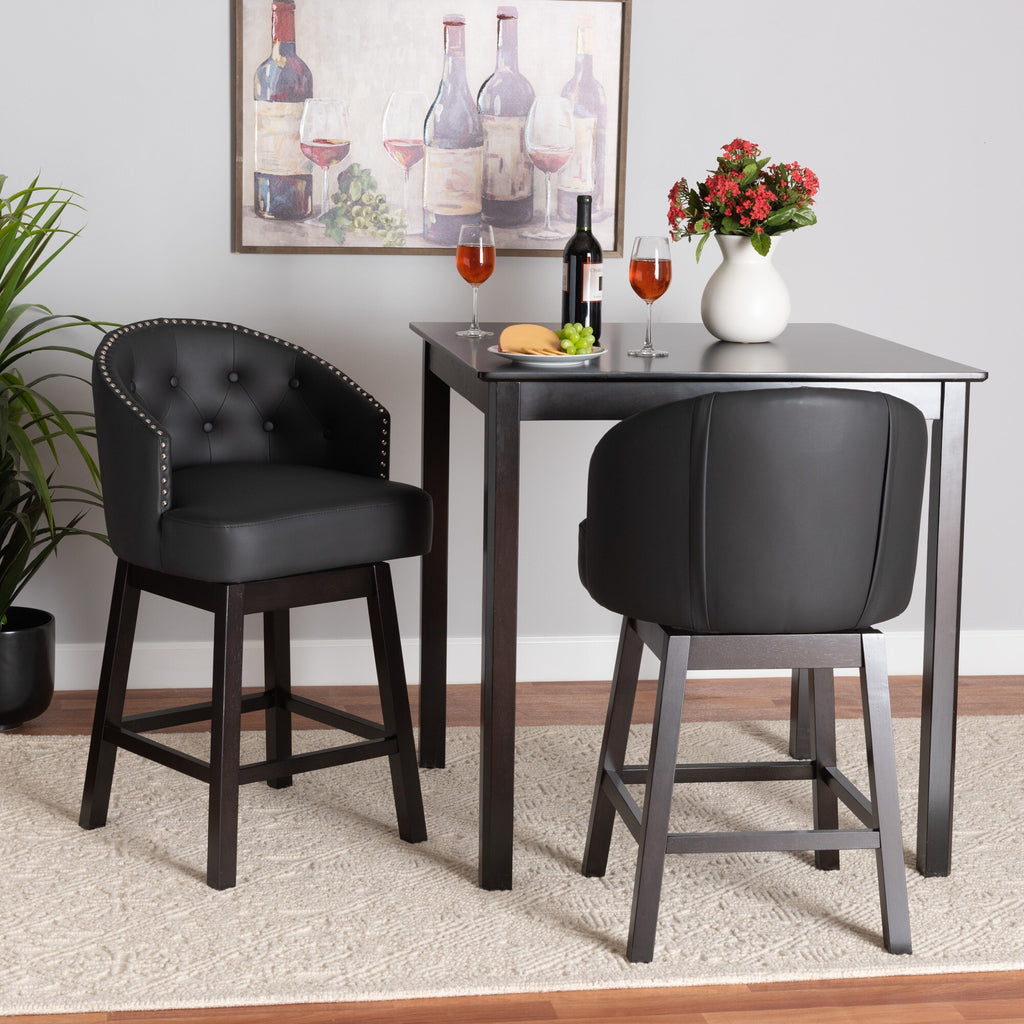 Faux Leather and Wood Swivel Counter Stool Set-2PC Tan, Espresso Brown M559794