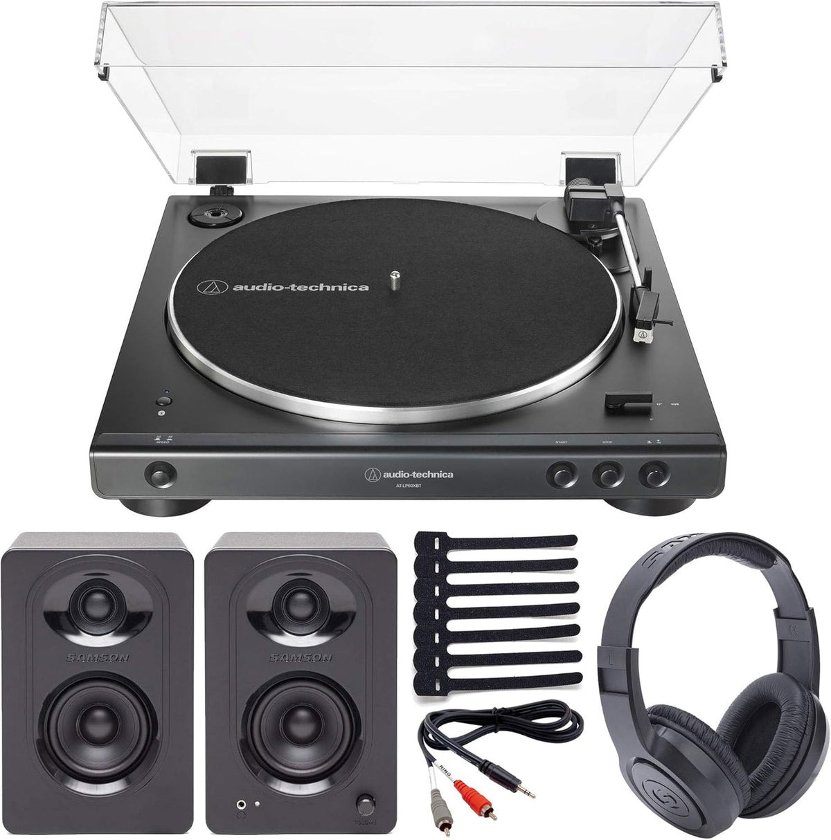 Stereo Turntable with Bluetooth (Black) + Powered Studio Monitors + Headphones + Dual Adapter Cable + Rip Ties X657734
