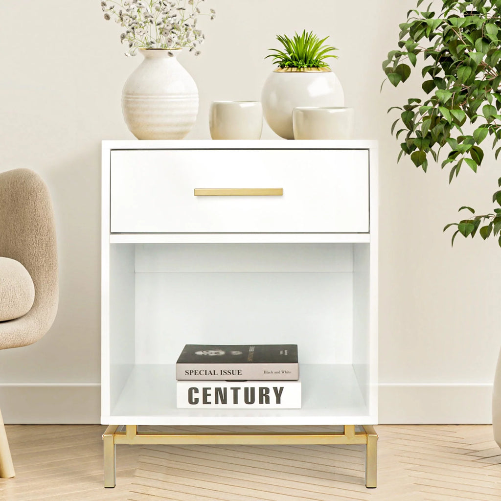 White Modern Rectangle 1-Drawer Wood Nightstand B78268