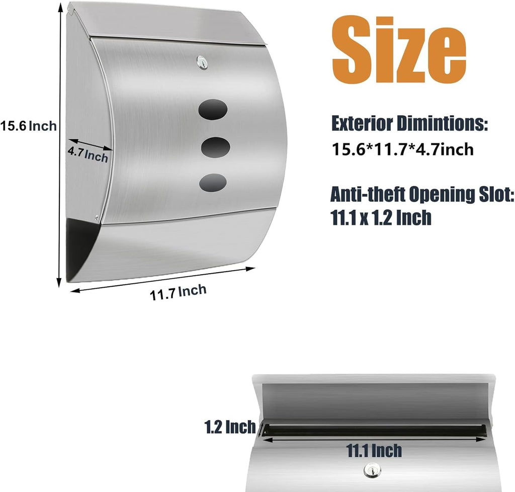Large Wall-Mount Locking Mailbox with Key Lock and Newspaper Holder, 15.6" x 11.7" x 4.7" N378