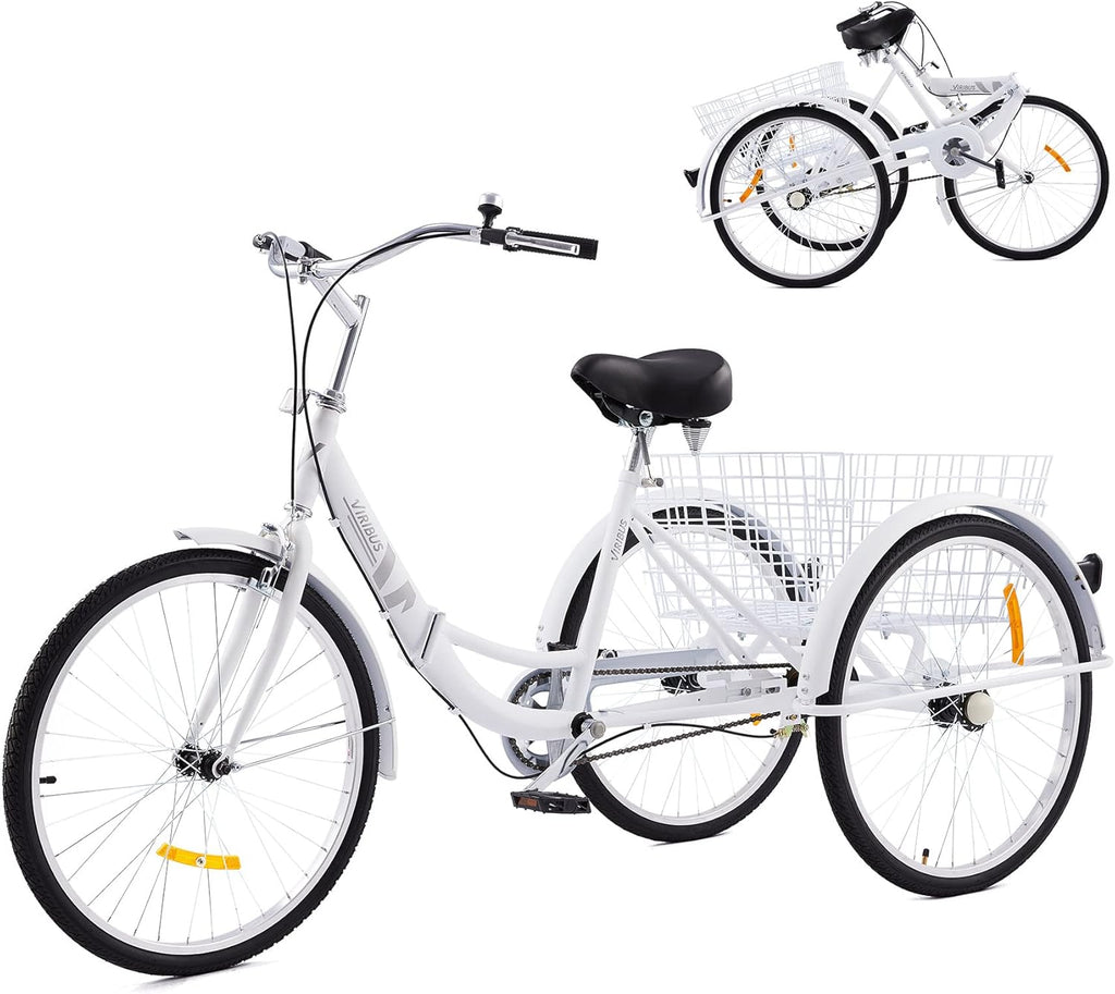 26 Adult Folding Tricycle 1 Speed High Carbon Steel Three Wheeled Trike with Large Rear Basket Adjustable Spring Saddle Rubber Tires Bell Reflectors A470
