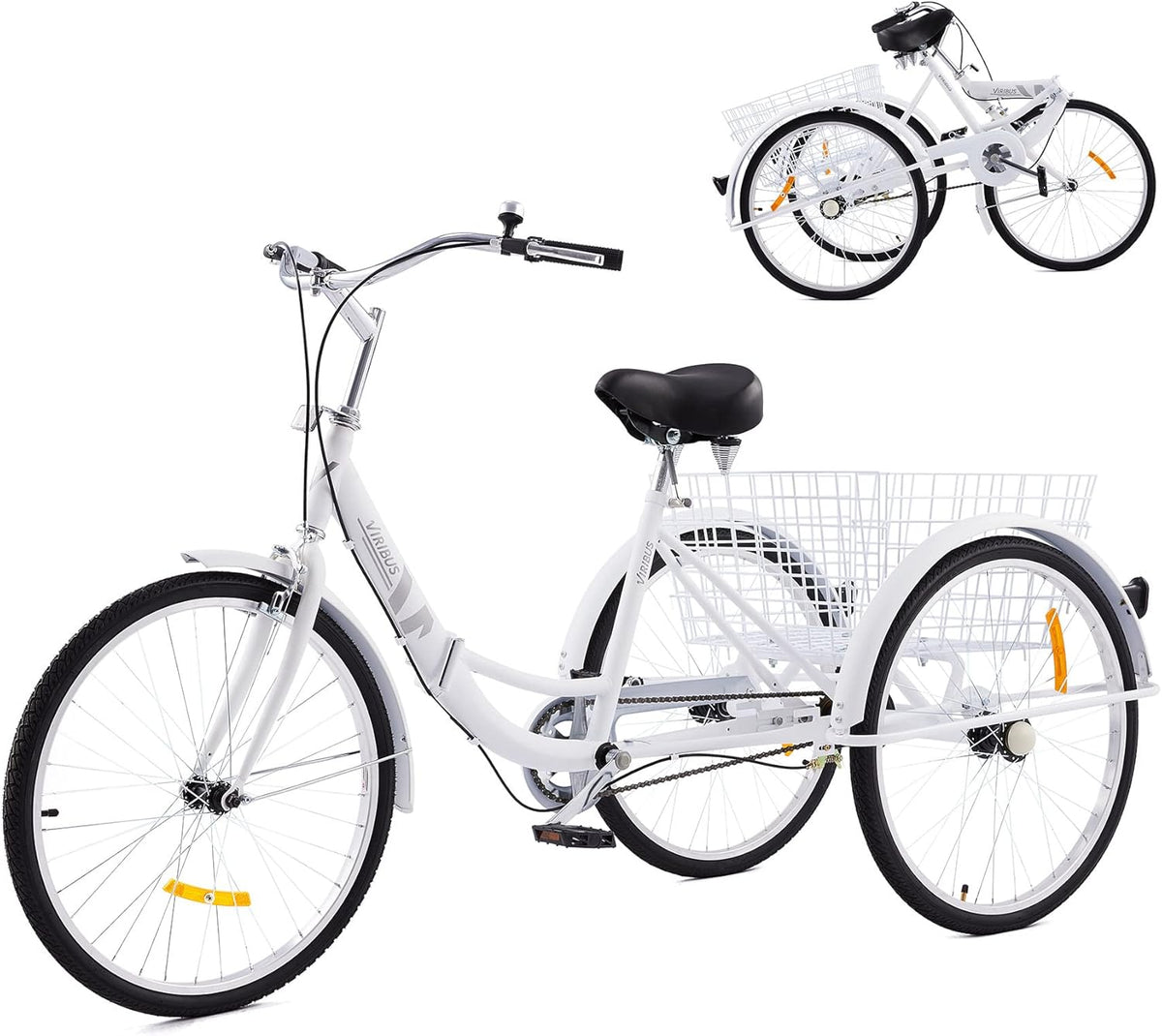 26 Adult Folding Tricycle 1 Speed High Carbon Steel Three Wheeled Trike with Large Rear Basket Adjustable Spring Saddle Rubber Tires Bell Reflectors A470