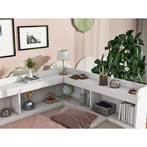 White Pine Wood Twin Size Platform Bed with L-shaped Bookcase Headboard and 2 Storage Drawers I777