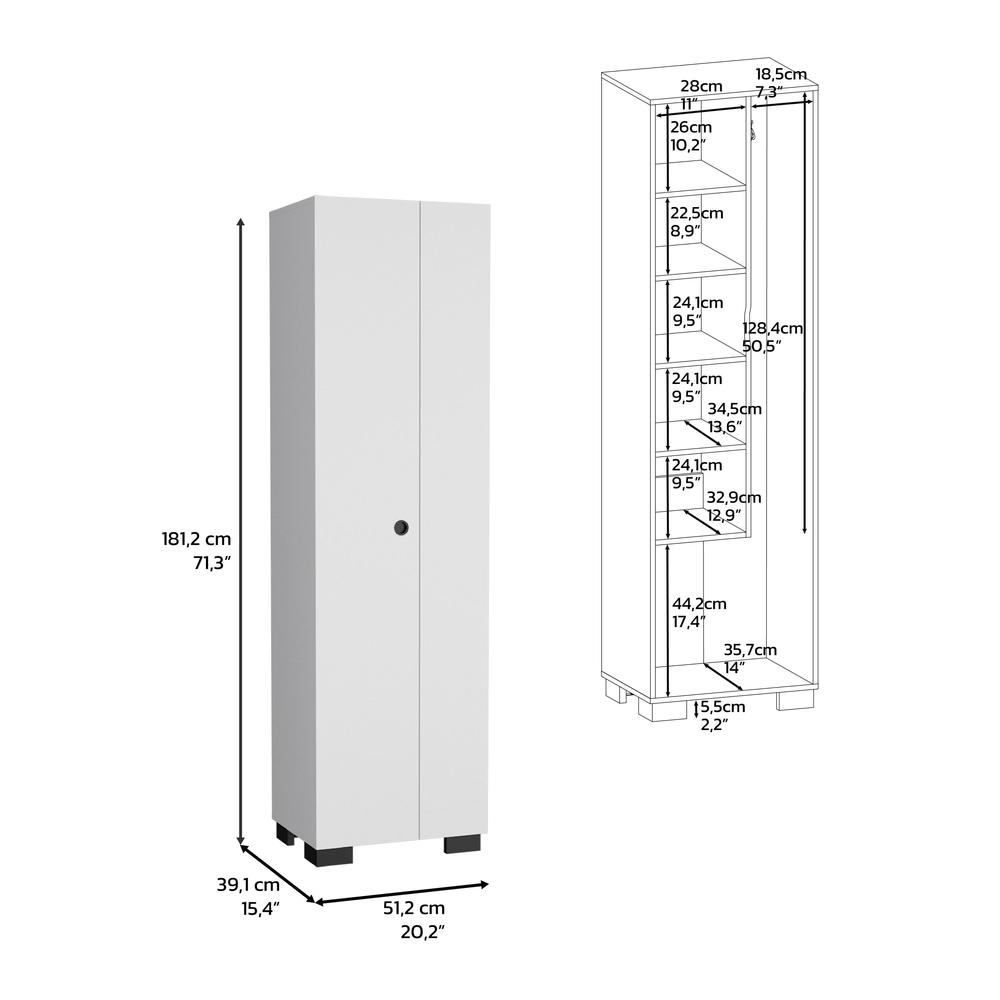 White Double-Door Broom Cabinet with Inner Shelves and Side Hangers M3099