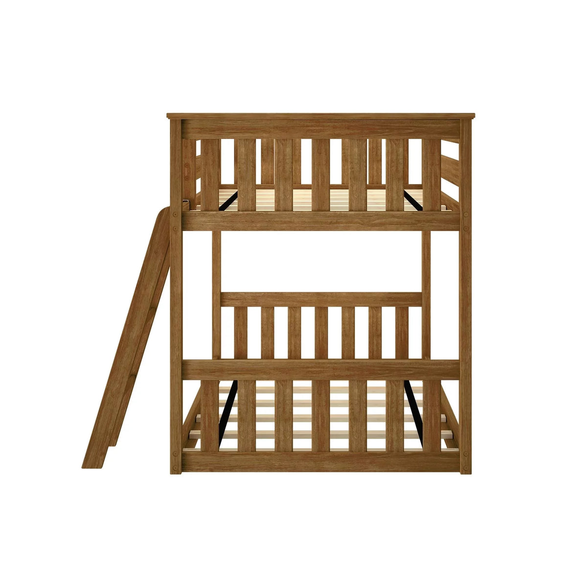 Twin over Twin Solid Wood Low Bunk Bed with Ladder, Pecan J32316