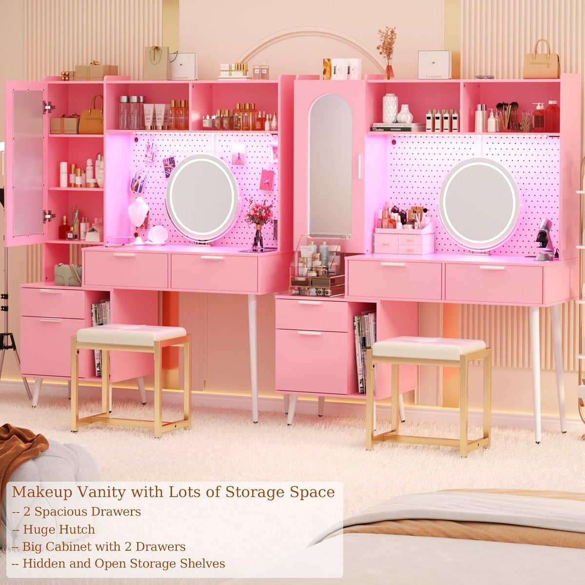 48 Inch Pink Vanity Desk with Mirror, LED Light, Charging Station, Drawers, Cabinet, Pegboard, Shelves, Storage Hutch B8214