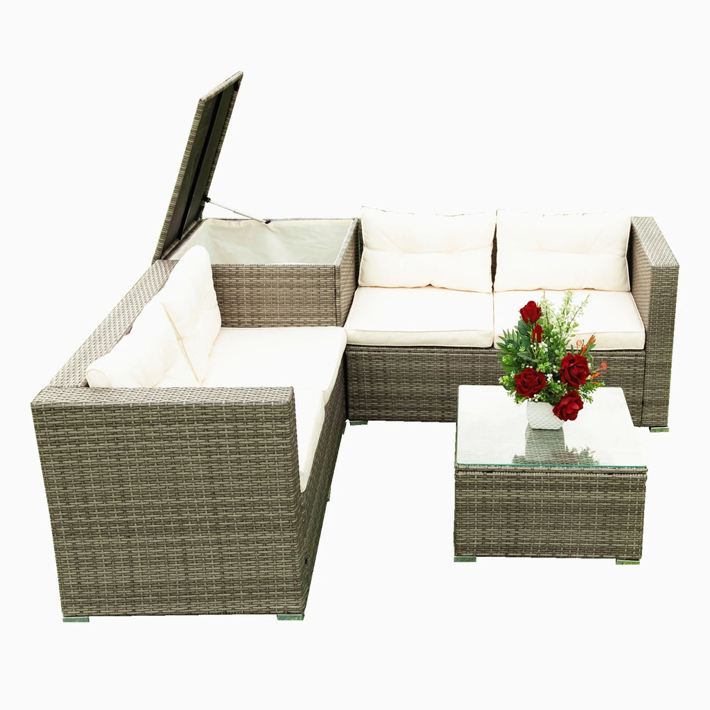 Creme 4 Piece Patio Sectional Wicker Rattan Outdoor Furniture Sofa Set with Storage Box D4560