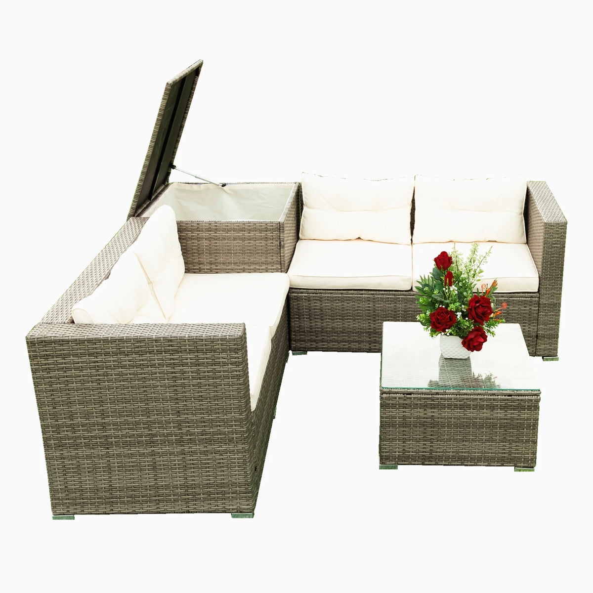 Creme 4 Piece Patio Sectional Wicker Rattan Outdoor Furniture Sofa Set with Storage Box D4560