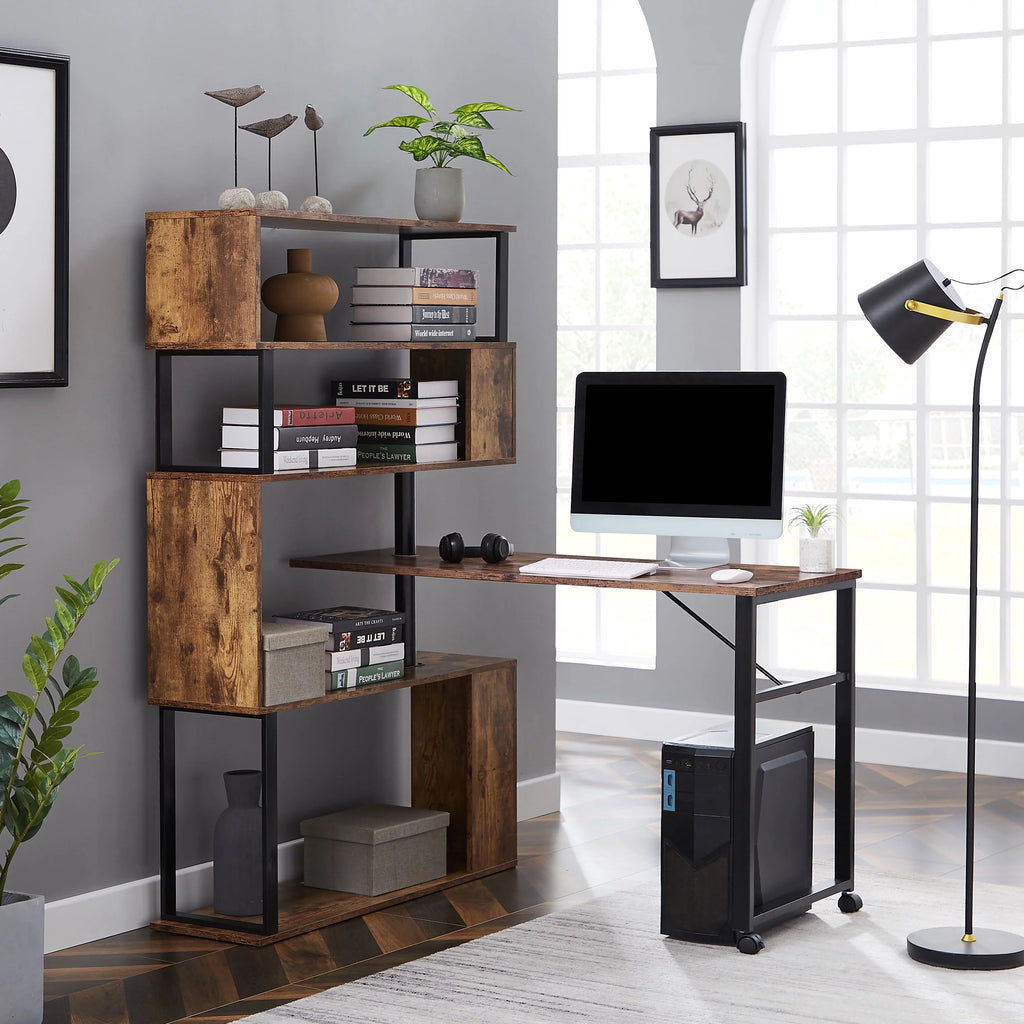 L-Shaped Corner Computer Desk with 5-Tier Bookshelf S677