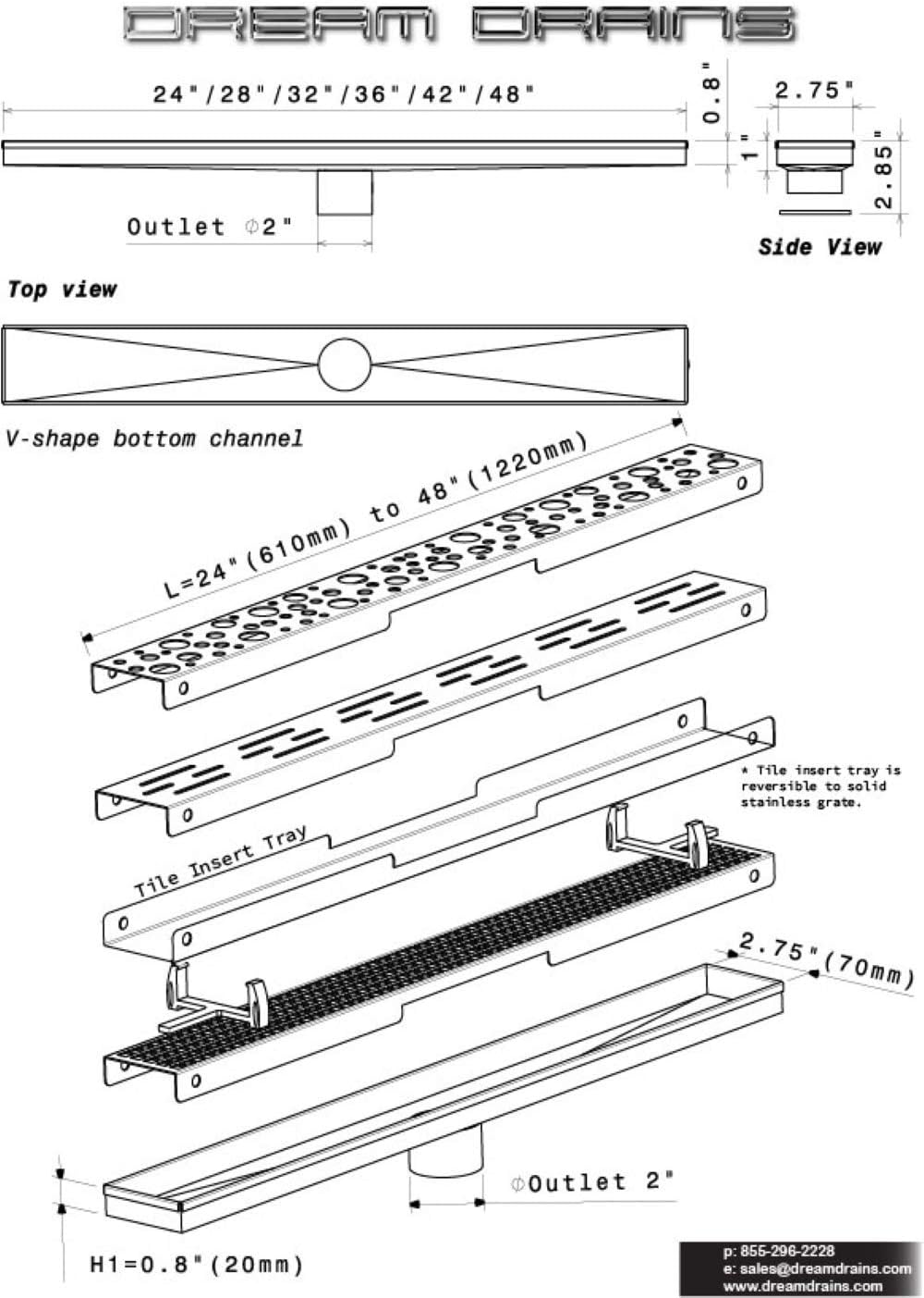 Stainless Steel Linear Drain with Square Pattern Grate Shower Drain Kit (28 x 2.75 Inches) B2800