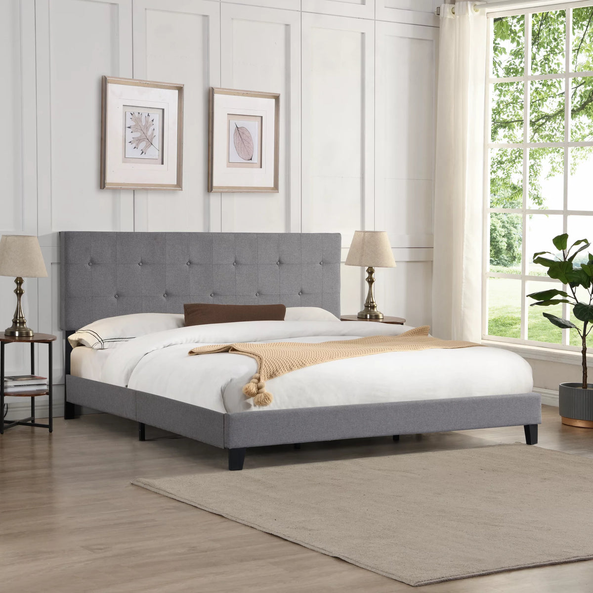 King Size Upholstered Platform Bed Frame with Linen Headboard L13103