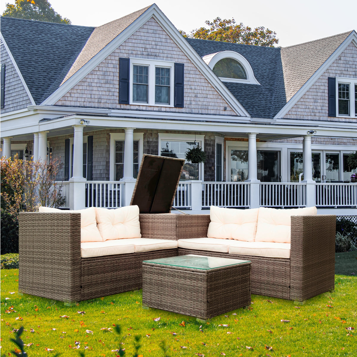 Creme 4 Piece Patio Sectional Wicker Rattan Outdoor Furniture Sofa Set with Storage Box D4560