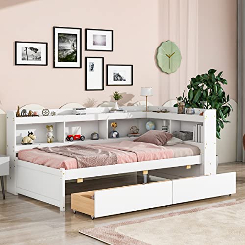 White Pine Wood Twin Size Platform Bed with L-shaped Bookcase Headboard and 2 Storage Drawers I777