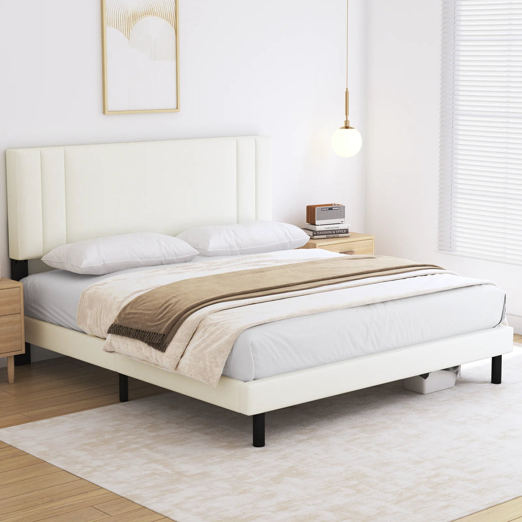 Beige Full Size Upholstered Platform Bed Frame X46864