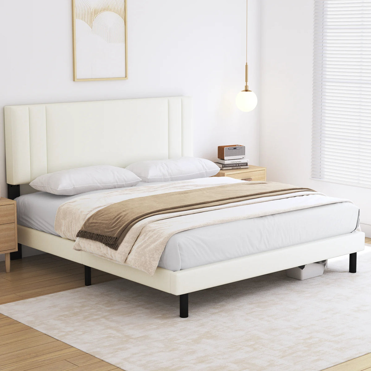 Beige Full Size Upholstered Platform Bed Frame X46864