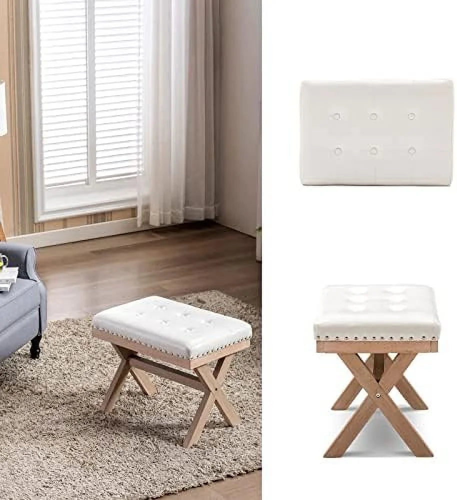 Burlap Linen Fabric Upholstered Bench Ottoman with X-Shaped Wooden Legs S23771