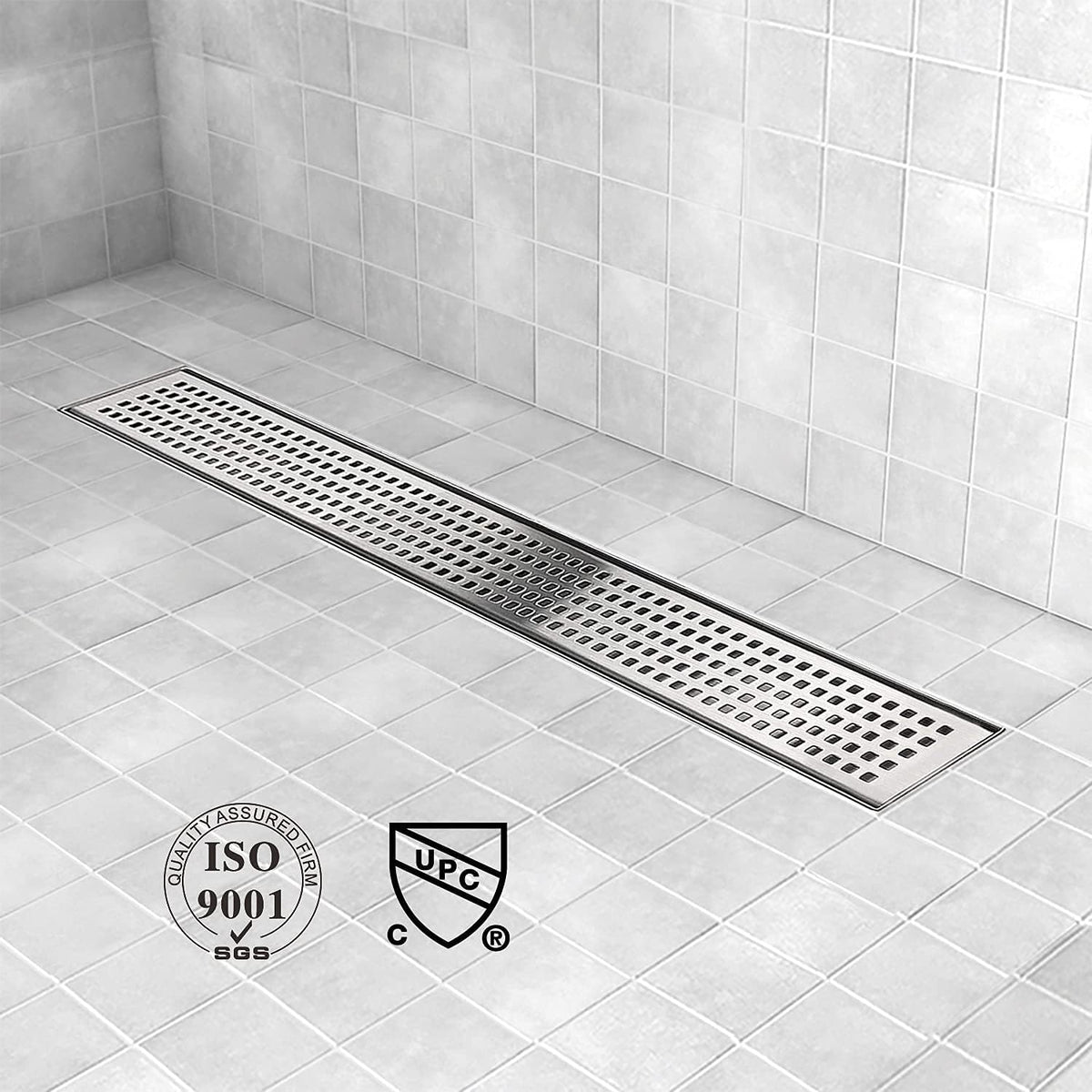 36 inch Linear Shower Drain with Brushed 304 Stainless Steel Bar Pattern Grate V5611