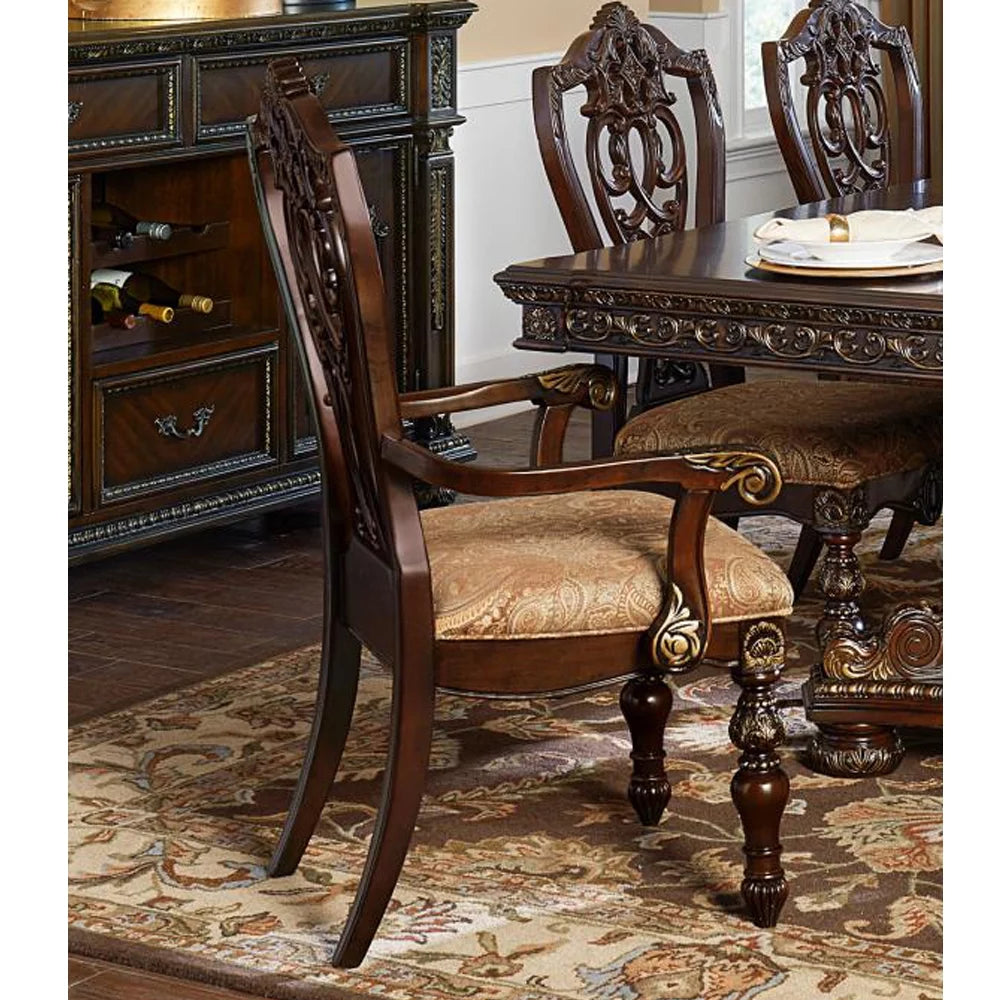 Fabric Upholstered Wooden Arm Chair Set of 2 Cherry Brown F3199