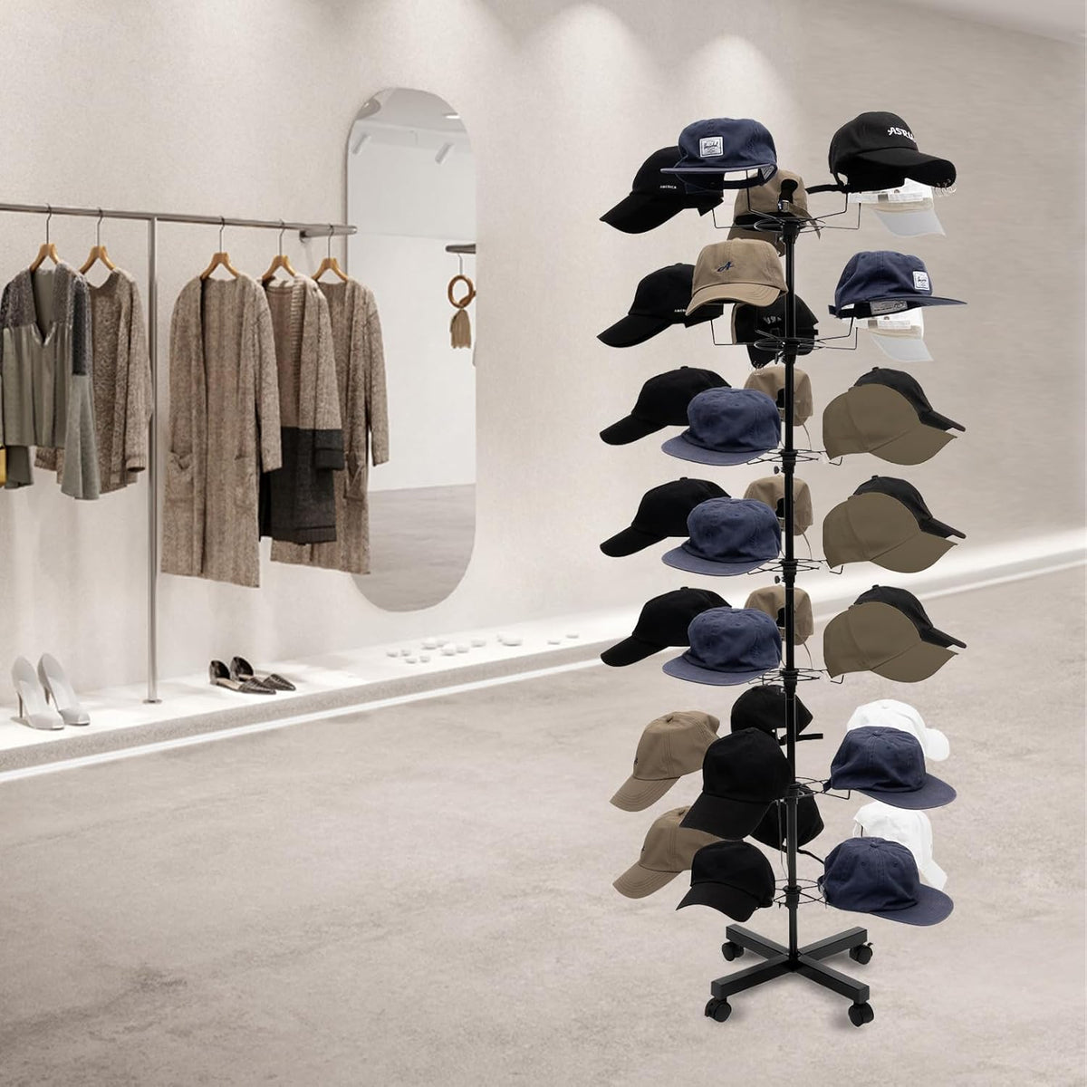 7 Tier Rotating Hat Display Stand with 4 Wheels, Adjustable Metal Hat Stand, 35 Metal Hooks, Black S23537