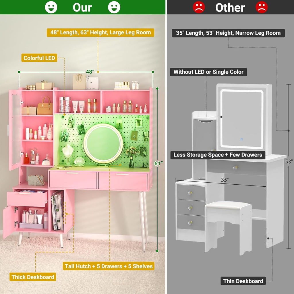 48 Inch Pink Vanity Desk with Mirror, LED Light, Charging Station, Drawers, Cabinet, Pegboard, Shelves, Storage Hutch B8214
