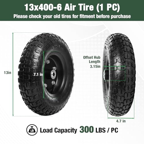 13 Inch 1 PC Rubber Pneumatic Replacement Tires and Wheels 4.00-6 with 5/8'' Axle Bore Hole B7437