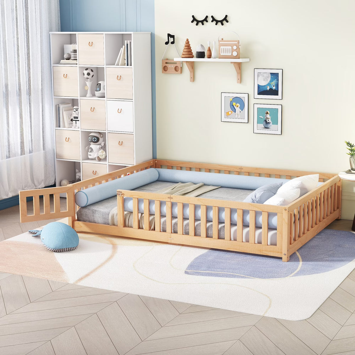 Queen Size Bed Floor Bed with Safety Guardrails Z453795