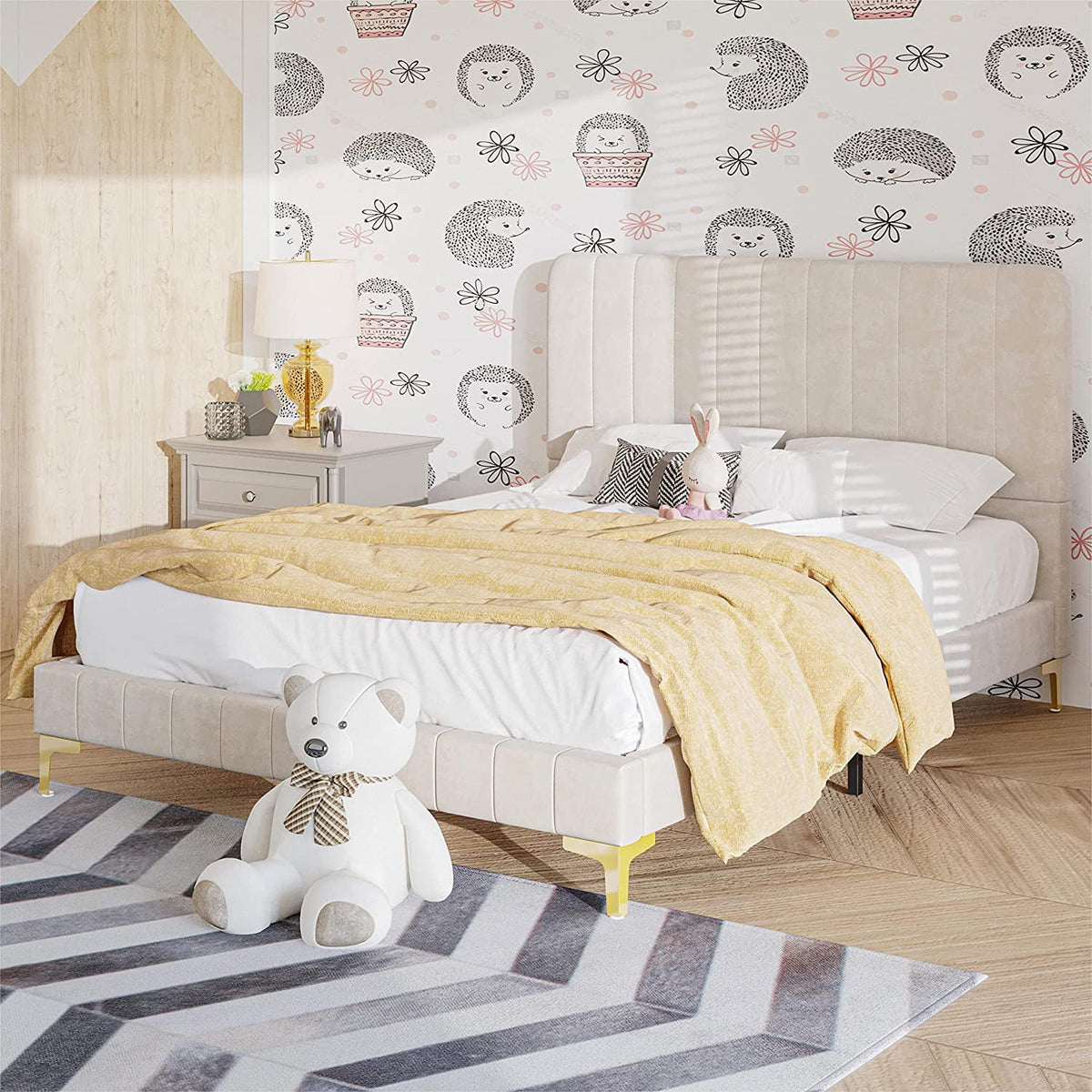Beige Upholstered Full Size Platform Bed with Headboard B493751