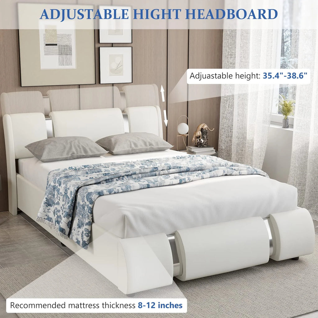 Queen Size Faux Leather Upholstered Platform Bed Frame with LED Light Headboard V203