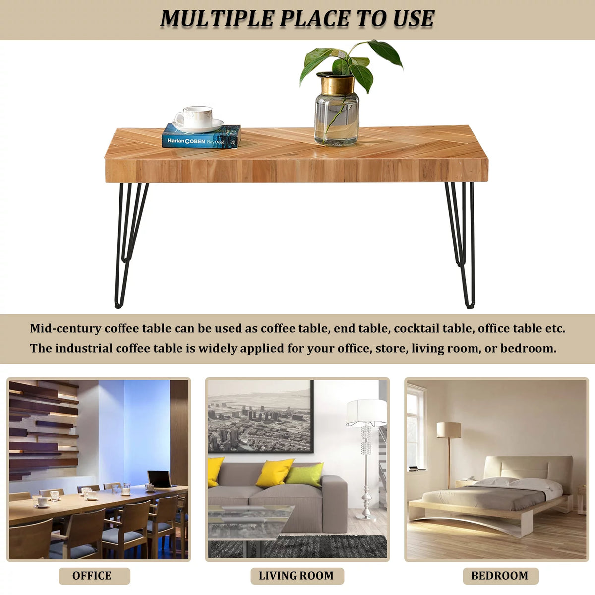 Modern Coffee Table with Chevron Pattern and Metal Hairpin Legs Y82430