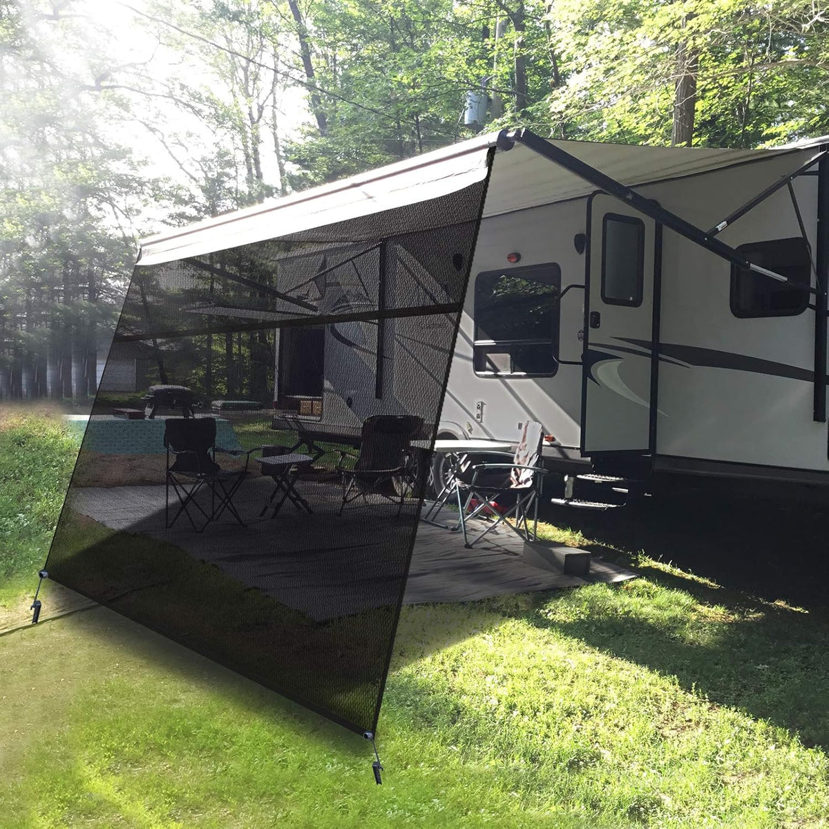 RV Awning Sun Shade Screen with Zipper 15' x 9' Black Mesh A207555