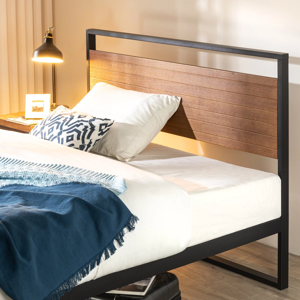 Metal and Wood Platform Bed Frame with Headboard, Chestnut Brown, Full Y4403