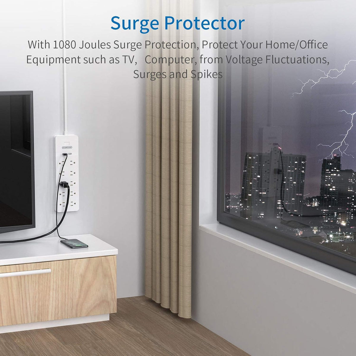 25 Ft Extension Cord Surge Protector with 10 Outlets 2 USB, Pack of 2 M4327