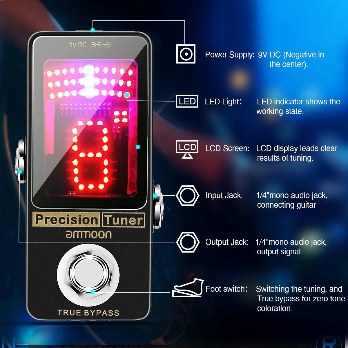 Metal Shell Tuner Pedal Led Display Precision Bypass Bass Tuner L69308