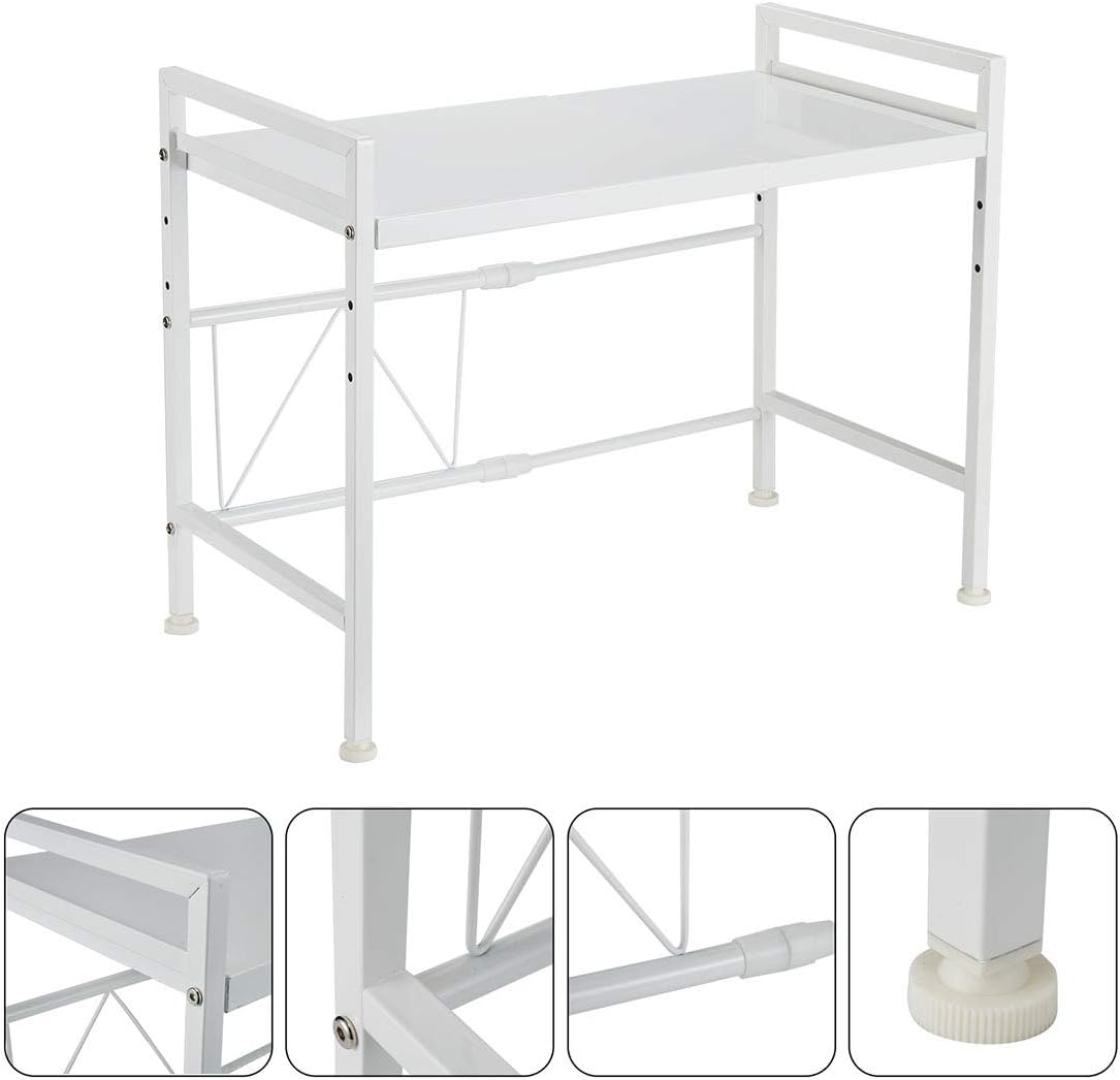 Expandable White Microwave Oven Rack Shelf Storage Stand, 2 Tiers with 3 Hooks O188