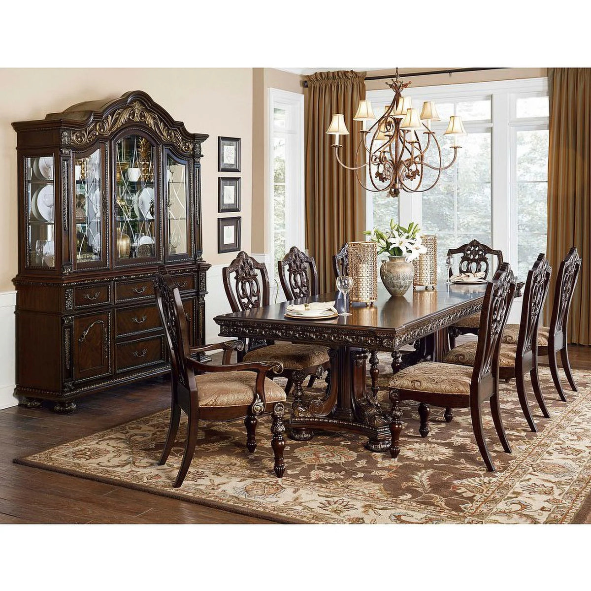 Fabric Upholstered Wooden Arm Chair Set of 2 Cherry Brown F3199