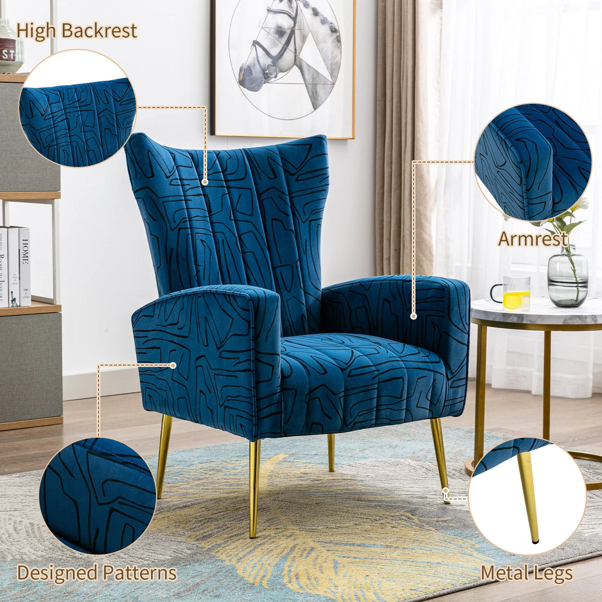 Navy Blue Velvet Wingback Accent Chair with Metal Legs K2500