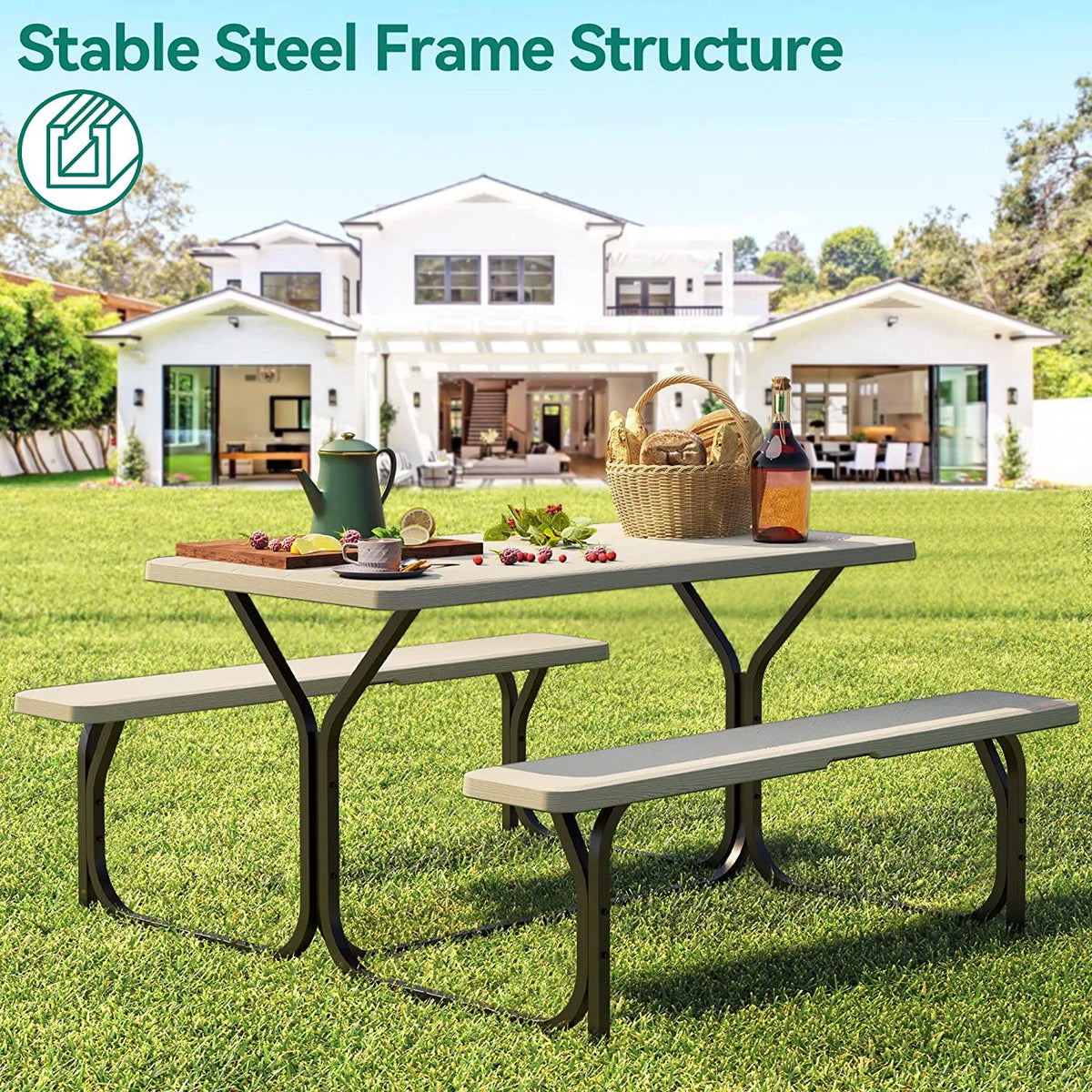 Heavy-Duty Outdoor Picnic Table Set with Weatherproof Resin Tabletop O5271