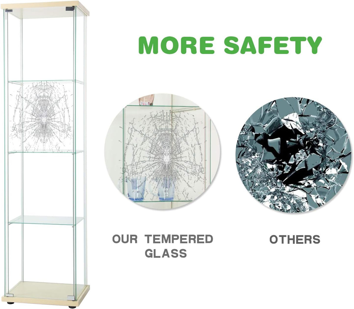 Curio Cabinet with Glass Doors 4 Shelves Glass Display Cabinet, 64”x 17”x 14.5”, Nature Wood R991