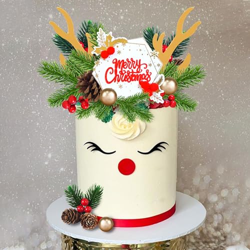 Christmas Cake Topper Deer Elk Cake Decorations with Pine Tree Pine Cones Golden Ball U311992